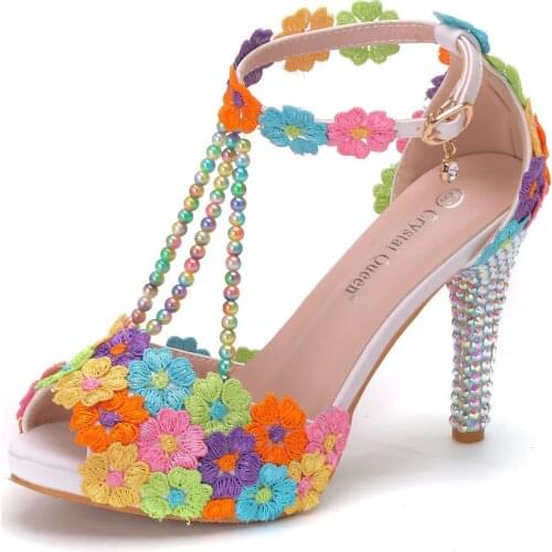Ankle Strap Womens sandals Shoes Sweet Fashion White Colored Floral Stilettos Party Tassel Bridal Wedding Shoes High Heel sanda