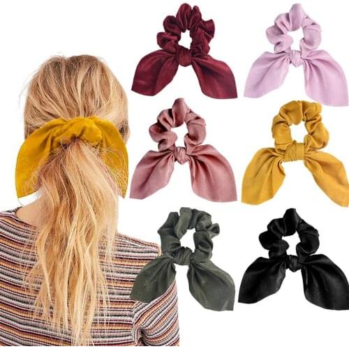 Fashion Scrunchies Satin Silk Rabbit Bunny Ear Bow Bowknot Bobbles Elastic Hair Ties Bands Ponytail Holder for Women Accessories