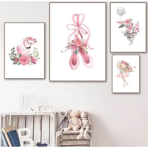 Pink Flower Flamingo Nursery Print Canvas Painting Ballet Girl Posters Balloon Rabbit Wall Art Nordic Pictures Kids Room Decor