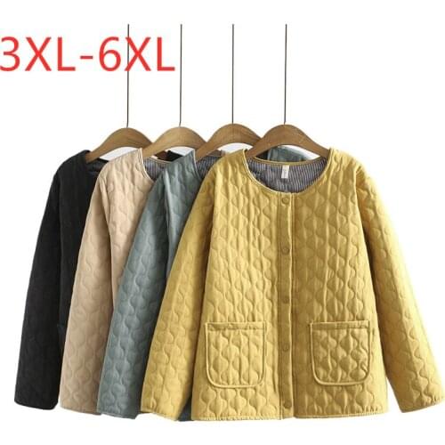 New 2021 Ladies Autumn Winter Plus Size Wadded Jacket For Women Large Long Sleeve Cotton Yellow Button Thin Coat 3XL 4XL 5XL 6XL