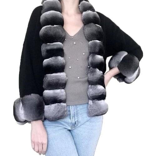 Ladies Fur Sweater Women Fashion Short Cardigan With Real Rex Rabbit Fur Trims