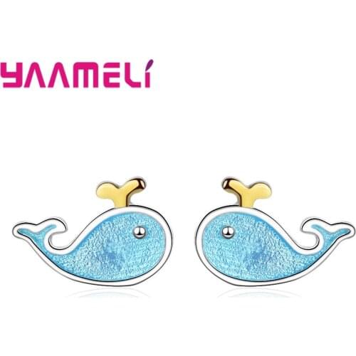 Hot Saling Cute Little Blue Whale Stud Earrings for Women Girl Gifts Luxury 925 Sterling Silver Symmetry Enamel Crafts Jewelry