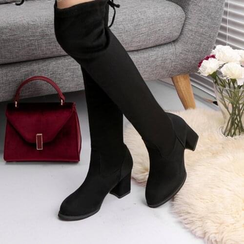 Women Boots Winter Over The Knee Heels Quality Suede Long Comfort Square Heel Mujer Thigh High Boots for Women Flock Shoes
