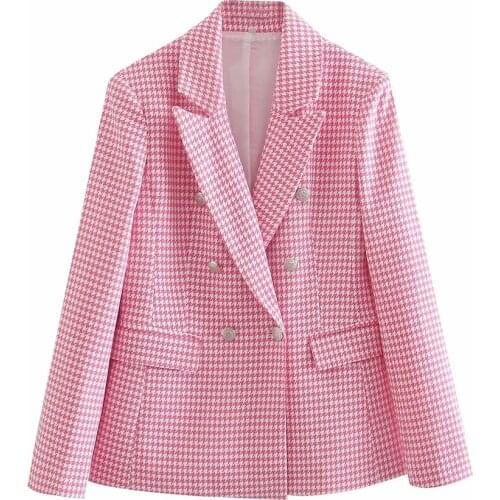 Women Cotton Double Breasted Turn-down Collar loose Plaid Coat Female Long sleeve Office Lady Blazers Ladies Streetwear Coat