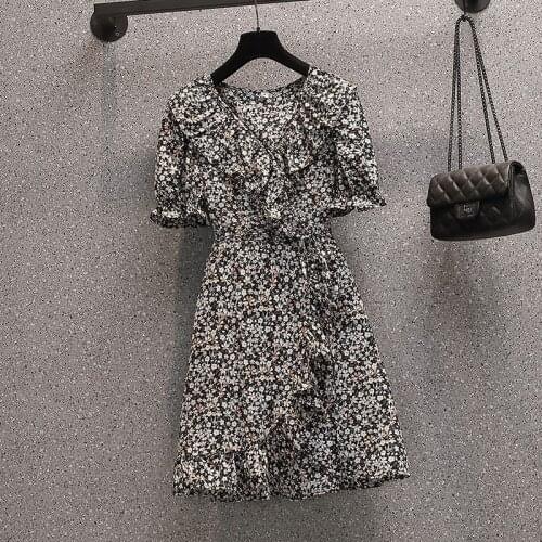 Womens summer 2021 new ruffled V-neck French floral dress