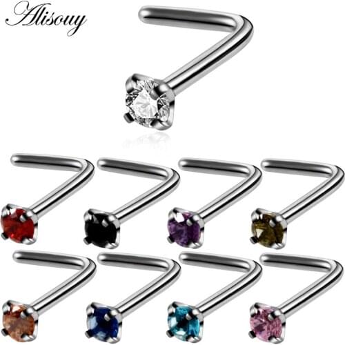 Alisouy 1PC bent Nose Rings Piercing Crystal tongue Piercing Jewelry Nose Stud ear Bone Women Men 20g piercing body jewelry