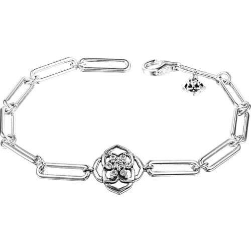 100% Real 925 Sterling Silver Jewelry Rose Petals Link Bracelets for Women Clear CZ Crystal Bracelets & Bangles 2021 New