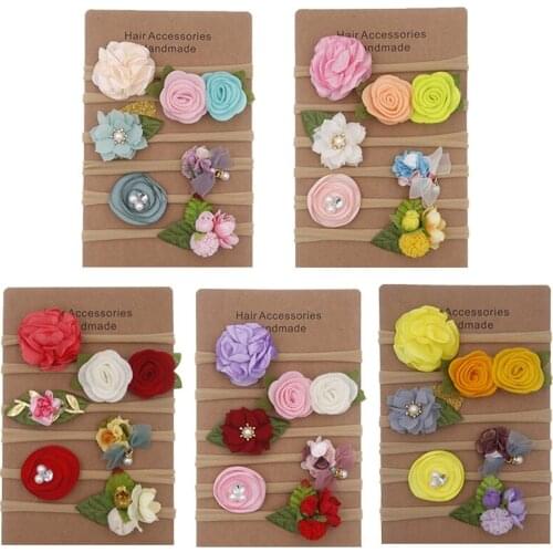 6Pcs/Set Baby Girls Headband Flower Pearl Nylon Elastic Hair Bands For Baby Hair Accessories Newborn Photography Props