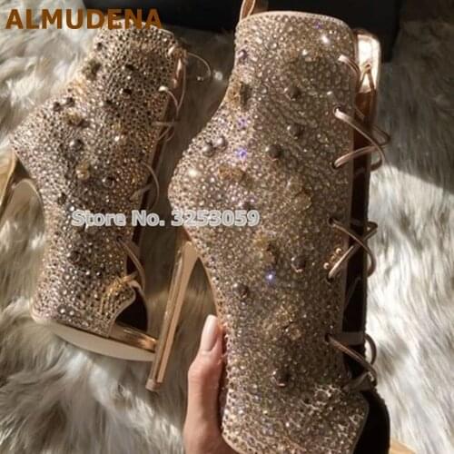 ALMUDENA Bling Bling Stiletto Thin High Heel Boots Peep Toe Crystal Sandal Boots Glitter Rhinestone Lace-up Short Ankle Booties