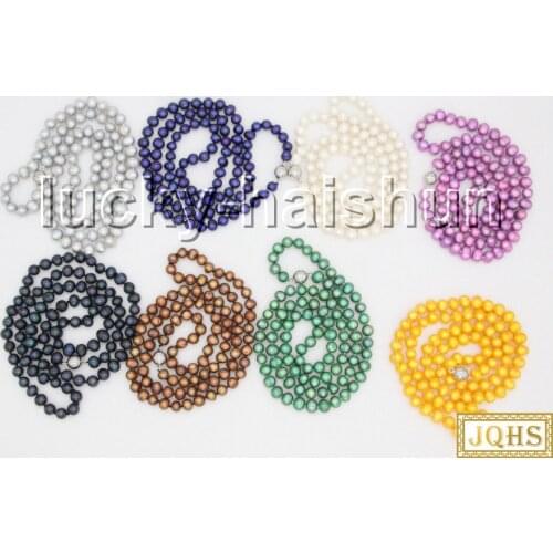 Long 32" 9mm round white gray green blue purple coffee yellow black pearls necklace c82