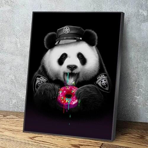 Canvas Paintings Black Hat Panda Wall Art Print Doughnut Animal Cute Poster Home Decor Modular Pictures For Bedroom Framework