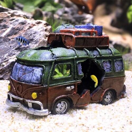 Creative aquarium landscape resin crafts ornaments fishing boat wreck bus car car shelter fish tank decoration