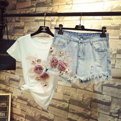 Summer 2019 New Women Flower Diamond Cotton Shirt T-shirt + Wide-legged Jeans Girl Student High Waist Hole Denim Shorts Set