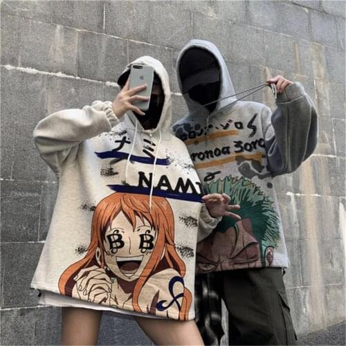 Fashion Men Women Fleece Hoodies Japan Cartoon Sweatshirts Loose Hip Hop Streetwear Style Autumn Winter Casual Coats
