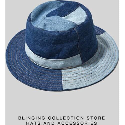 Unisex Denim Bucket Hats Women Summer Panama Hats Patchwork Fashion Cotton Blue Wide Brim Fisherman Hat Casual Couple Retro Hats