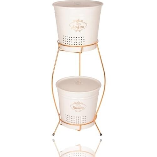 CANDLESTICK HOME Potato Onion Bucket Metal Gold Standing 2 Layer White