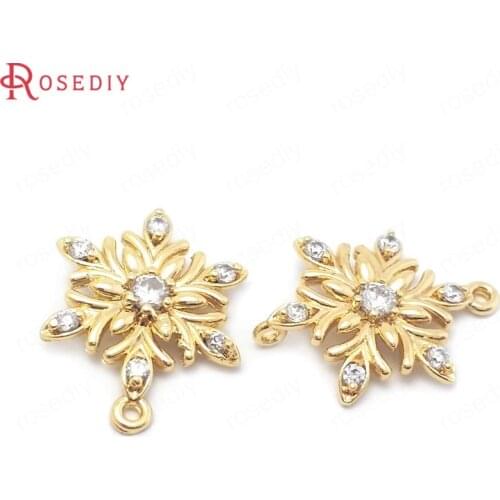 38472)6PCS 13x18MM 24K Gold Color Brass and Zircon 2 Holes Snowflake Connect Charms Pendants Jewelry Making Supplies Findings