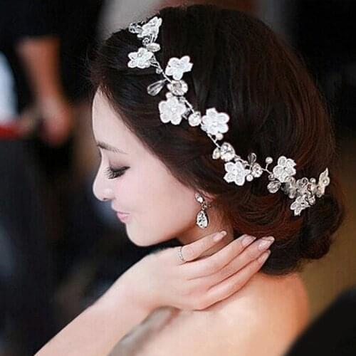 White Lace Flower Tiara Rhinestone Headband With Pearl Crystal Crown Hair Clips Wedding Hair Accessories Bride Womens Ornaments