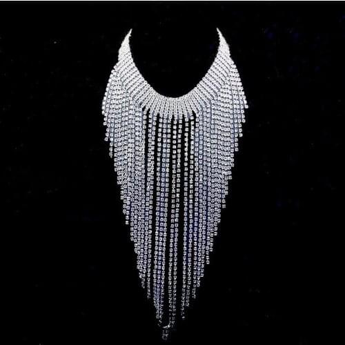 Luxury Sparkly Rhinestone Tassel Necklaces for Women Silver Color Crystal Bling Pendant Chokers Necklace Wedding Bridal Jewelry