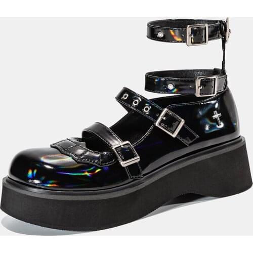 Womens Round Toe Platform Cross Ankle Belt Buckle Cut Out Chunky Heel Gothic Punk Shoes Creepers Sandal DIY Cosplay Lolita Laser