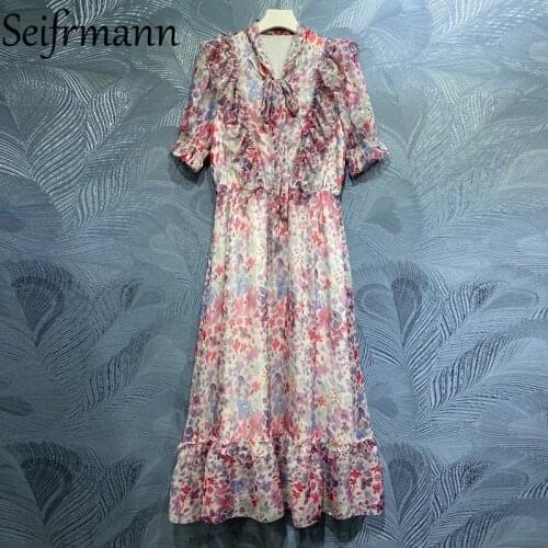 Seifrmann New 2021 Summer Women Fashion Designer Party Long Dress Lantern Sleeve Bow Ruffles High Waist Print Dresses Vestidos