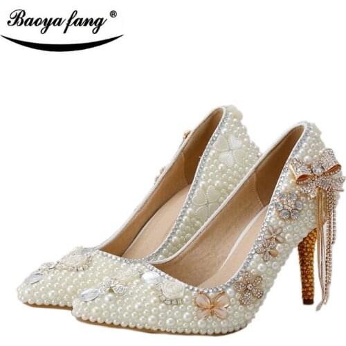 BaoYaFang Champagne crystal ivory pearl wedding shoes Bride 8cm heel pointed toe womens Pumps crystal tassels woman shoes