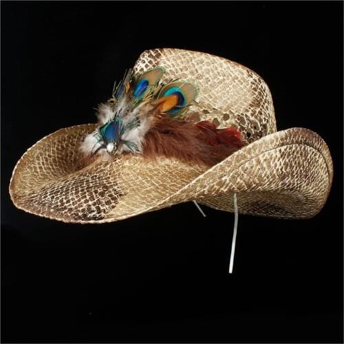 Summer Women Hollow Western Cowboy Hat Summer Lady Beach Feather Sombrero Hombre Straw Panama Cowgirl Jazz Sun Cap Size 56-58CM