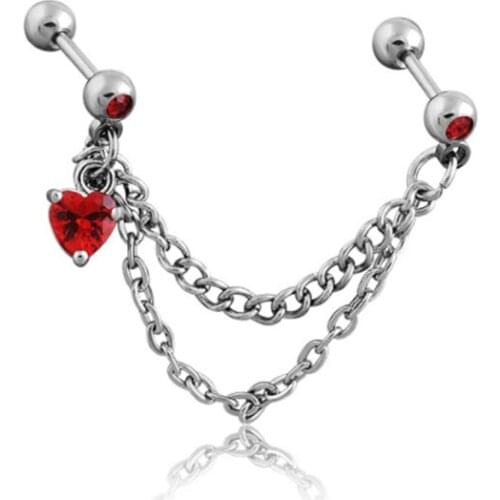 1PCS Stainless Steel Double Ear Chain Women Heart White Red Pink Crystal Ear Stud Earrings Piercings Fashion Jewelry Gifts