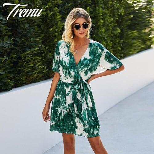 TREMU Tie Dye Print Embroidered Boho Dress V-Neck Sexy Flounced A Line Mini Dress Vestidos De Mujer