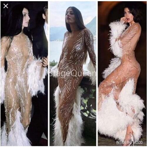 2019 Rhinestones Feathers Dress Birthday Celebrate Women Dress Prom Evening Stage Singer Dancer Long DS DJ Dress