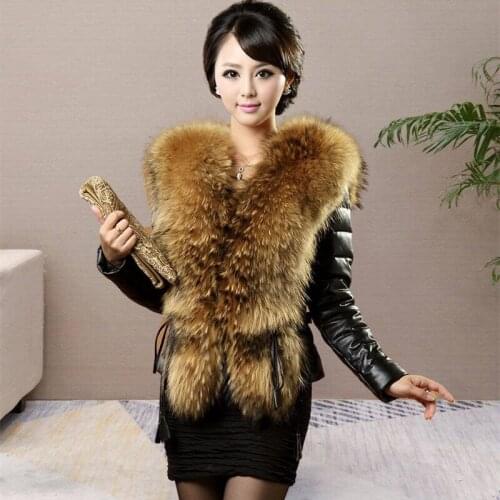 2021Winter Women Leather Down Cotton Jacket Imitation Raccoon Fur Collar Short Plus Size fur Outerwear Female Warm Leather Coats