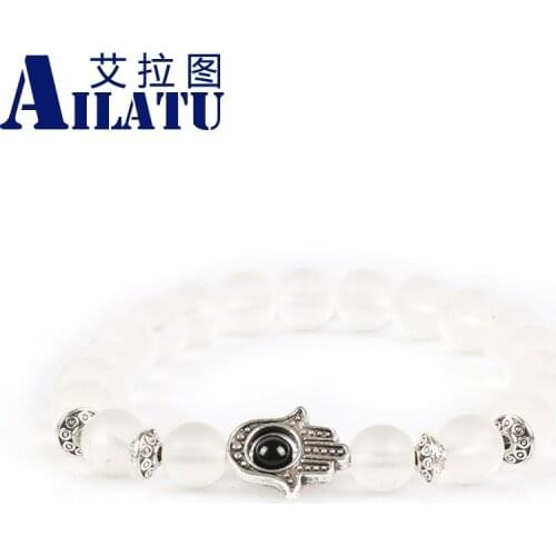 Ailatu Brand Jewelry 8mm Matte Onyx Stone Beads and Frosted Glass Beads with Fatima Hand Hamsa Charm Lovers' Bracelets