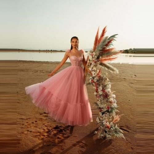 Sparkling Tulle Prom Dresses With Straps Sweetheart Ruffles Ankle Length Puffy Evening Party Gowns