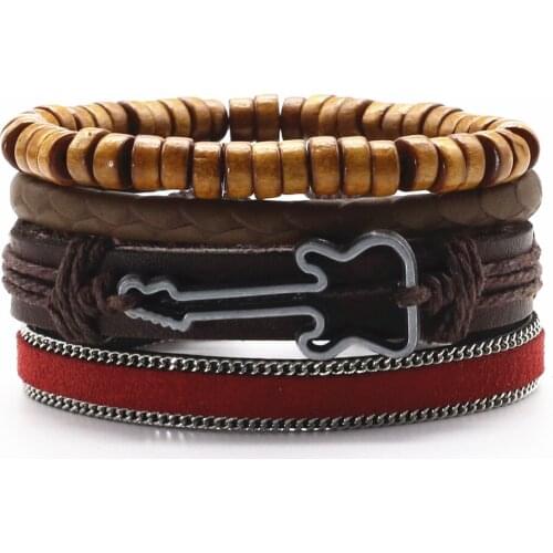 New Vintage Guitar Maple Leaf Peace Feather Charm Wood Beads Black Red Brown Men Leather Bracelets For Women Homme Male Jewelry