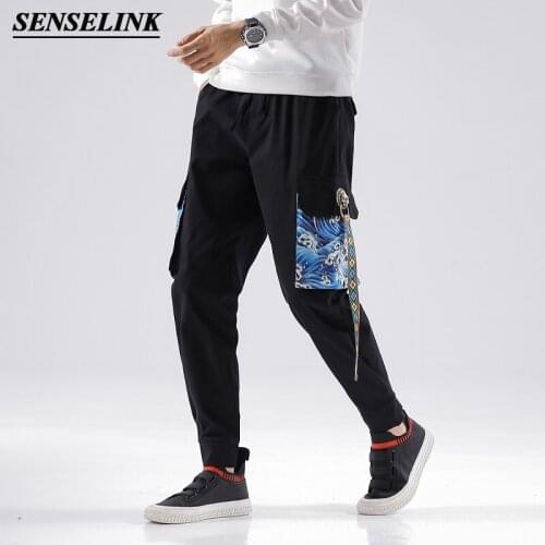 2021 New Printed Retro Cargo Men Casual Loose Cotton Cargo Pants Comfortable Fabric Wave Print Copper Buckle Cargo Trousers Men