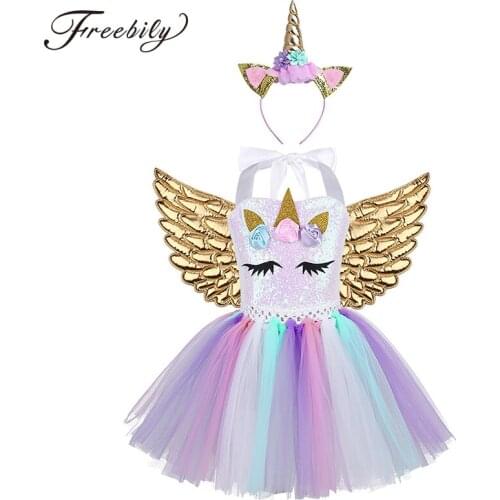 Kids Cartoon Cosplay Dress Princess Flowers Sequins Mesh Tutu Dress Hair Hoop Angel Wings Set Girls Halloween Costume Outfit