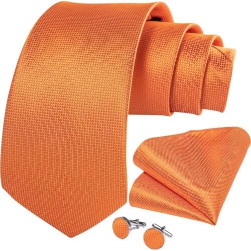 DiBanGu MenS Necktie Orange Solid Design Silk Wedding Tie For Men Tie Hanky Cufflinks Set Fashion Bussiness Party SJT-266
