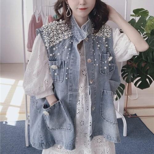 Women Blue Sleeveless Pearls Denim Vest Beaded Jeans Jacket Loose BF Rivet Tank Cardigan Waistcoat Diamonds Long Crop Tops 2021
