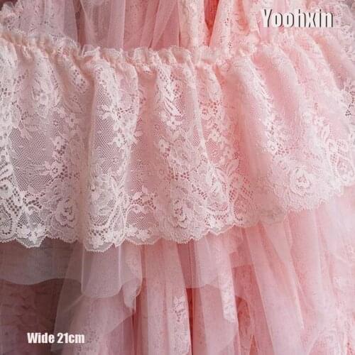 21CM Wide HOT Double layer Embroidery Pink flower lace fabric trim ribbon DIY sewing mesh applique collar dubai wedding decor