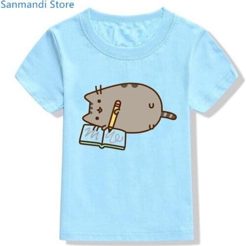 Harajuku Kawaii Kids Clothe Funny Coffee Cat Reading Cartoon Print Tshirt Girls/Boys Harajuku Shirt Kawaii Children Clothing