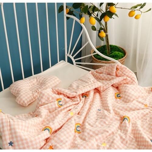 Embroidery Rainbow Cotton Blanket with Filler Baby Swaddle Breathable Baby Quilt Comforter Baby Receiving Blanket Soft Pillow