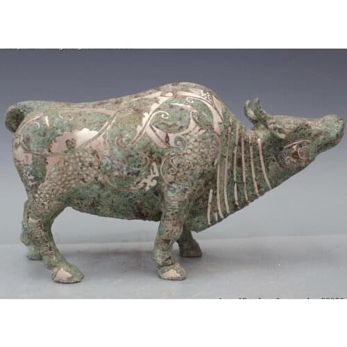 Chinese Old Royal Palace Bronze Silver-Gilt Feng Shui OX Bull Cattle Cow Statue