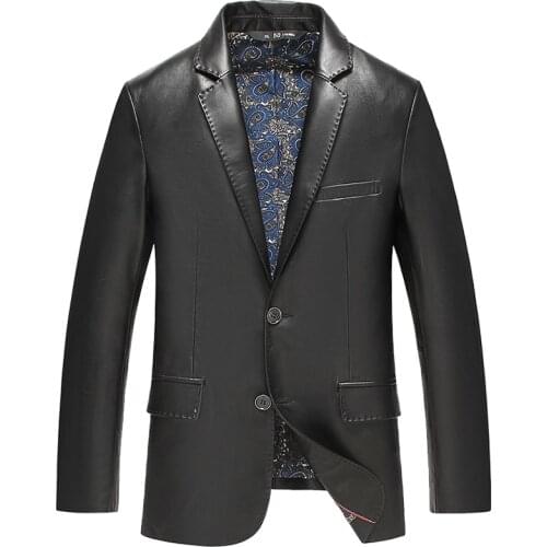 Genuine Sheepskin Men Leather Coat Turn-down Collar Slim Male Formal Black Jacket Men Natural Leather Overcoat 4XL