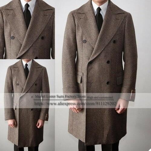 Brown Mens Suits Overcoats Winter Warm Prom Long Wool Blend Tuxedos Jackets Formal Blazer Peaked Lapel Tweed Houndstooth Coat