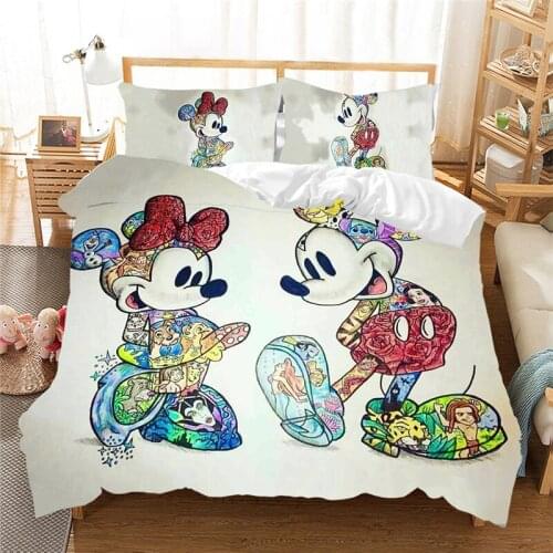 Multi Color Art Disney Mickey Mouse Minnie Mouse Bedding Set Cartoon Pillowcases Duvet Cover Set for Boys Girls Kids Baby Adults