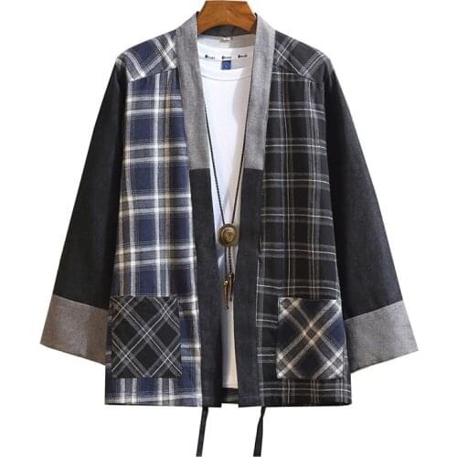 New Japanese Men Cotton Plaid Kimono Japan Haori Outterwear Hanten coat Fashion male samurai clothing Kimono Yukata Clothes