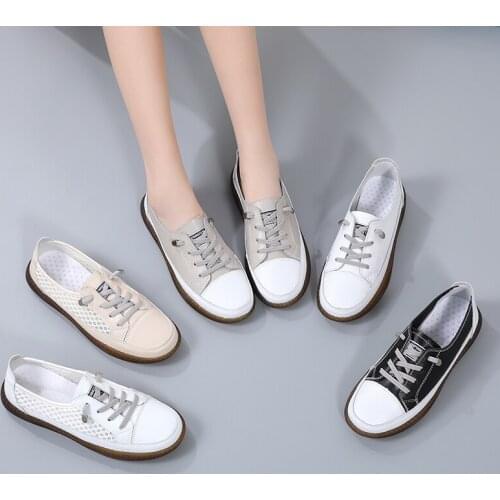 Autumn Genuine Leather Womens Sneakers Casual Shoes Oxfords Female Ballet Flats Lace Up White Sneakers Female Zapatillas Mujer