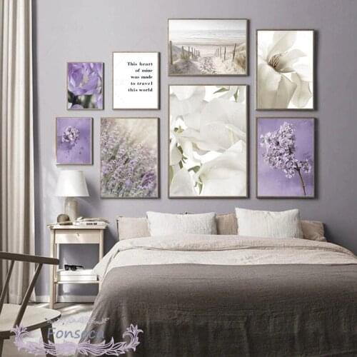 Lavender Lilac Magnolia Canvas Poster Simple Purple White Flower Beach Sea Printed Painting Wall Art Aesthetic Room Decoration