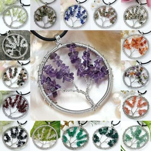 KFT Natural Healing Crystal Quartz Stone Pendant Lapis Lazuli Wire Wrapped Tree of Life Round Pendant Jewelry For Women Men