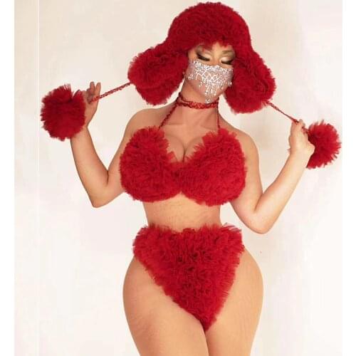 Bunny Girl Nightclub DJ Dancer Pompong Bikini Set Bar Party Stage Outfit Sexy Women Singer Dance Performance Costume DT3112